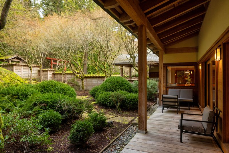 Japanese garden courtyard beside the covered walkway at BrightWoods