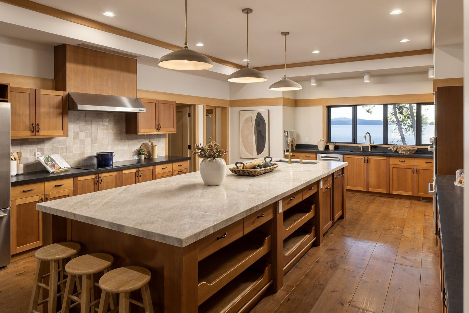 Renovated kitchen at BrightWoods with extra-large island and Shaker cabinetry